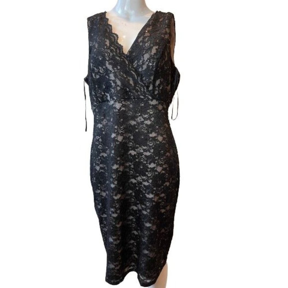 Marina Womens Lace Sheath Dress Wrap Sequin Floral Back V Sleeveless Black SZ 14